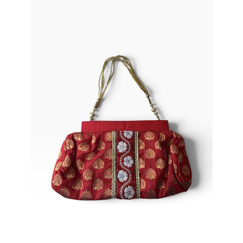 Vintage Red Gold Woven Boho Statement Clutch Dainty Twee Hippy Western Bag